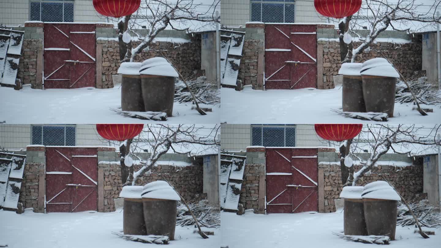 农村下雪的老房子视频