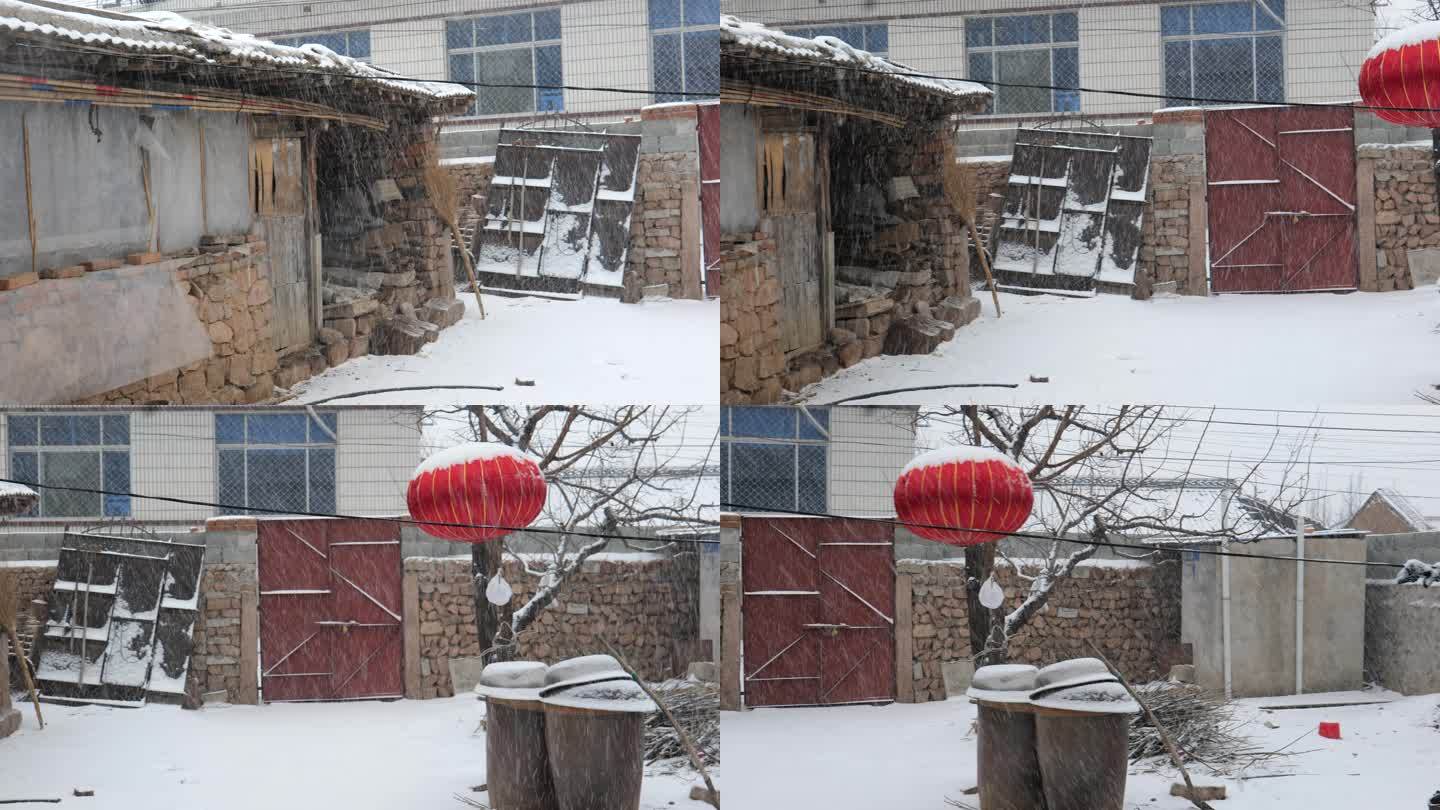 农村下雪的老房子视频