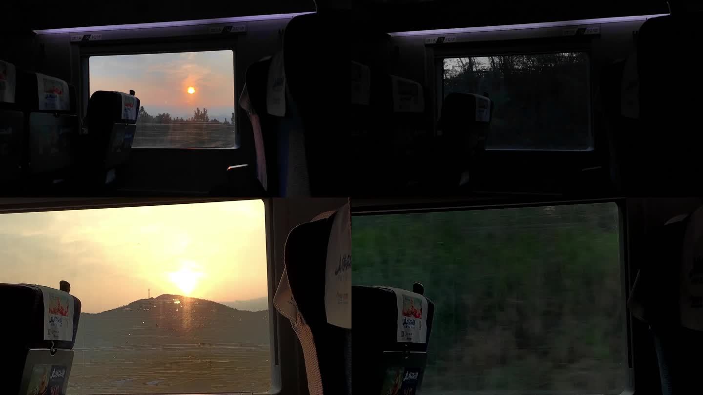 高铁动车窗外的夕阳