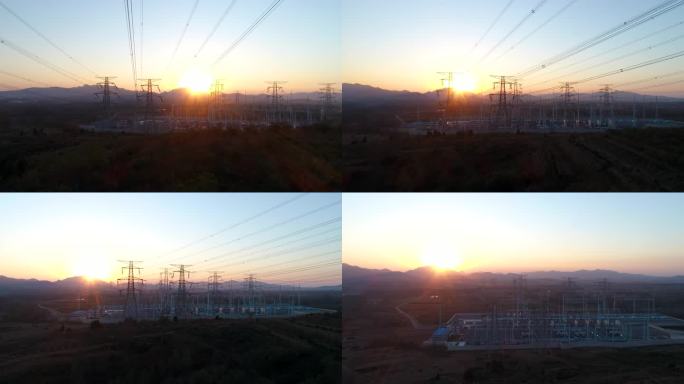 4K夕阳下的高压电塔变电站