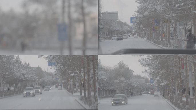 西北甘肃街道酒泉城市冬季雪景灰片下雪