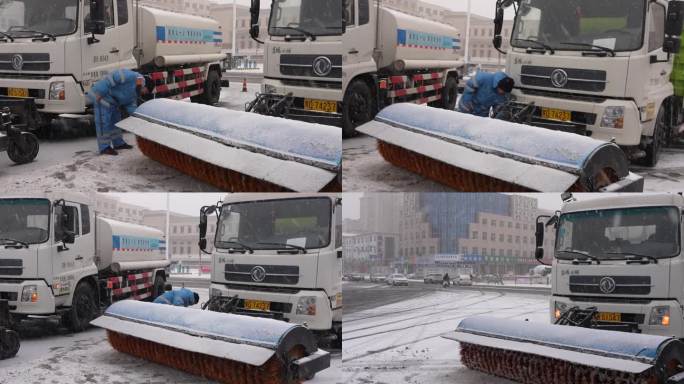 下雪天环卫司机检查除雪车滚刷准备除雪作业