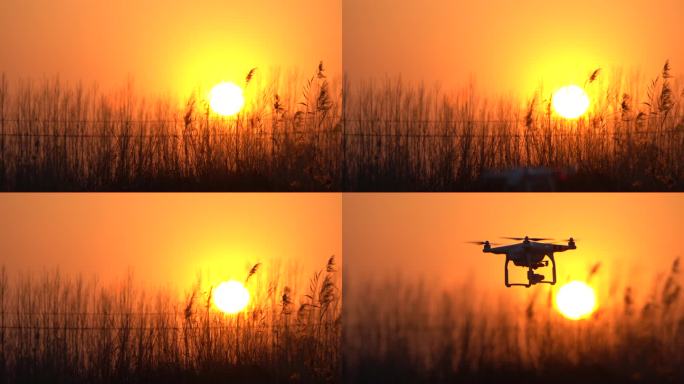 夕阳下美丽风景无人机飞入画面悬停飞出画面