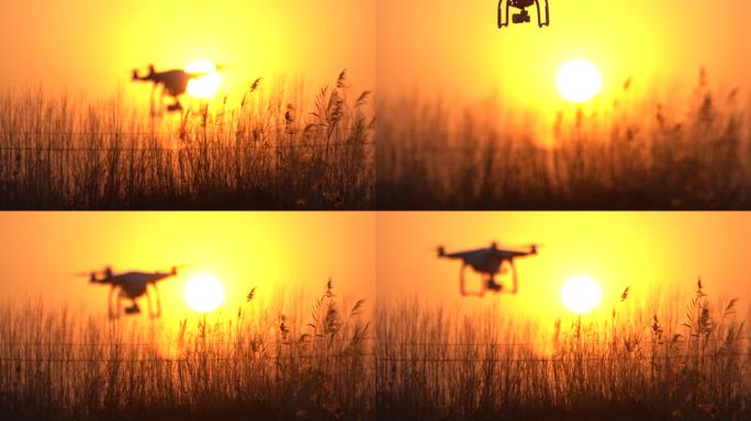 夕阳下的无人机由虚到实上升和下降画面拍摄