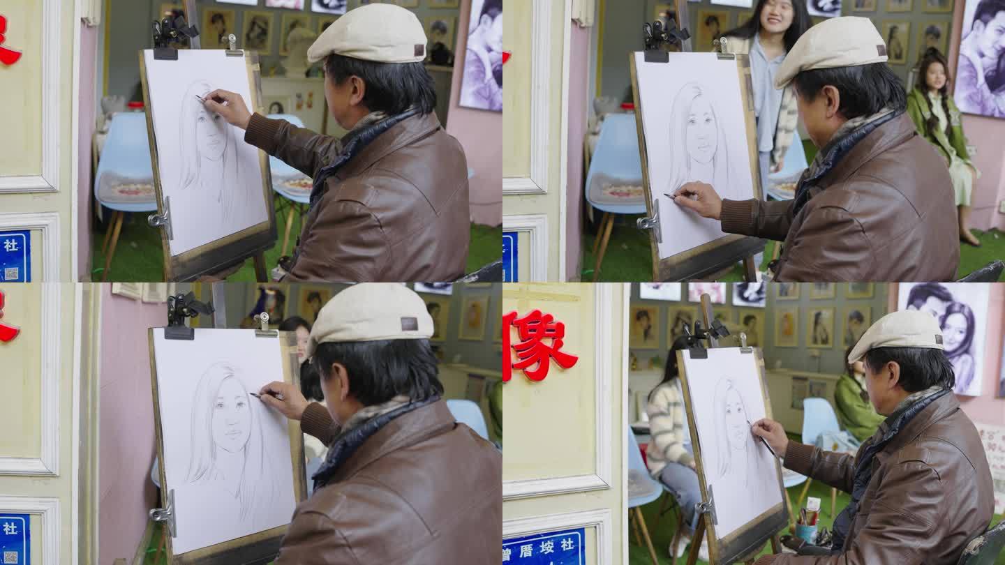 4K超清街头画家画游客肖像