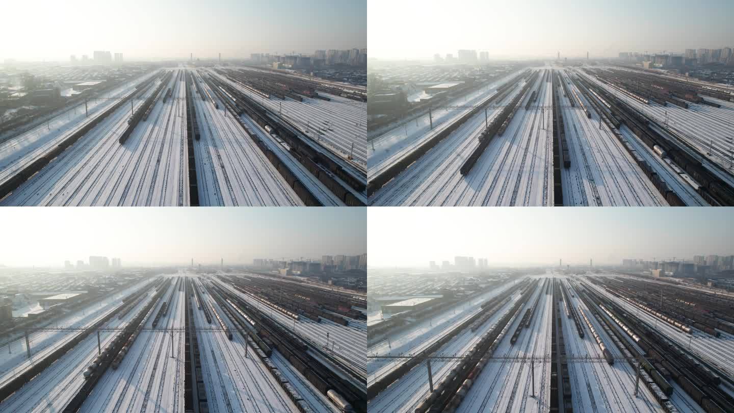 冬季火车站货运火车航拍