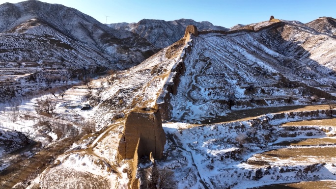 大同李二口明长城冬季雪景风光航拍