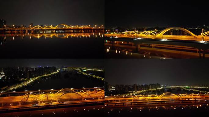 西安浐灞大桥夜景灞河生态区地铁晚上航拍2