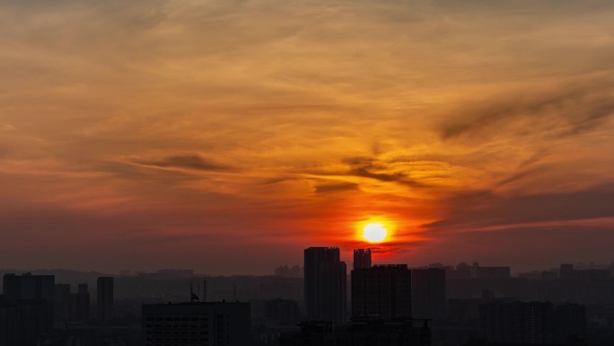 城市剪影城市地平线城市日出长焦远摄延时