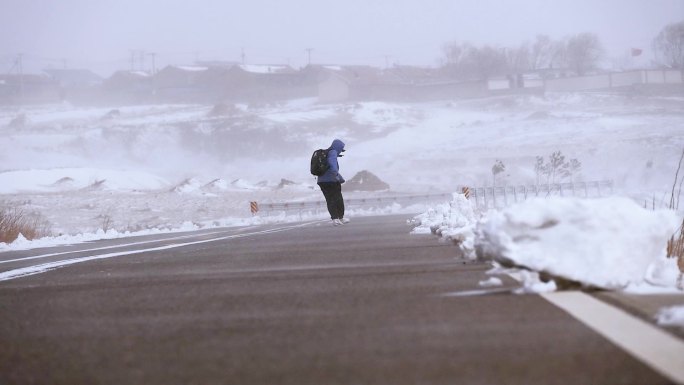 北方风雪中路上行走的人