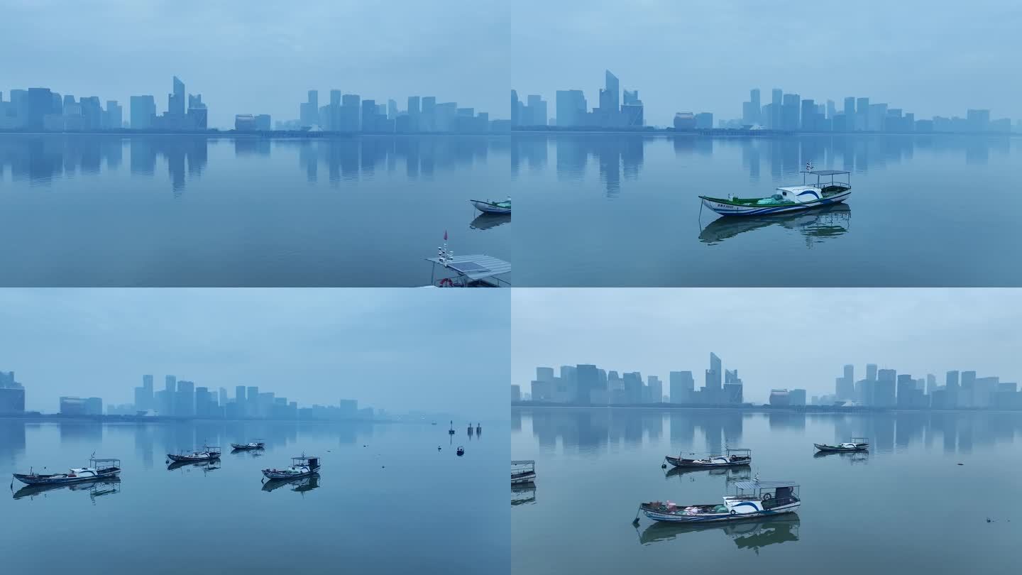 清晨杭州钱塘江上的渔船