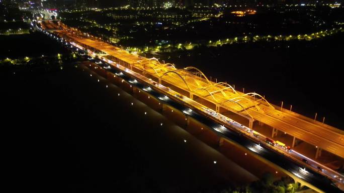 西安浐灞大桥夜景灞河生态区地铁晚上航拍