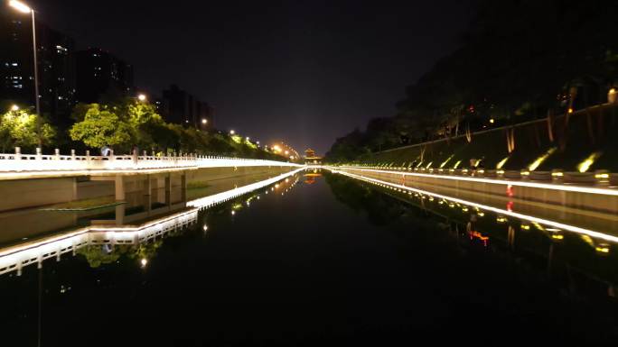 西安护城河夜景城墙灯光航拍