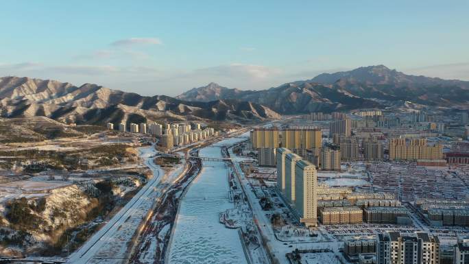 （4K实拍）航拍雪后城市景色  承德丰宁