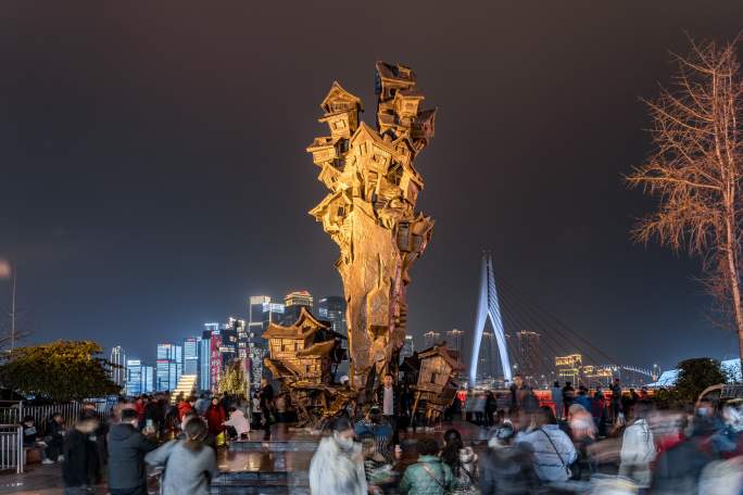 重庆 洪崖洞 广场 雕塑 人流 4K超清