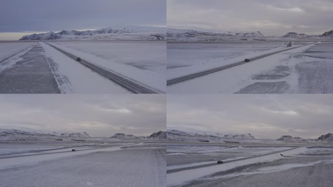 4K北极冰岛雪山冰天雪地汽车航拍大雪