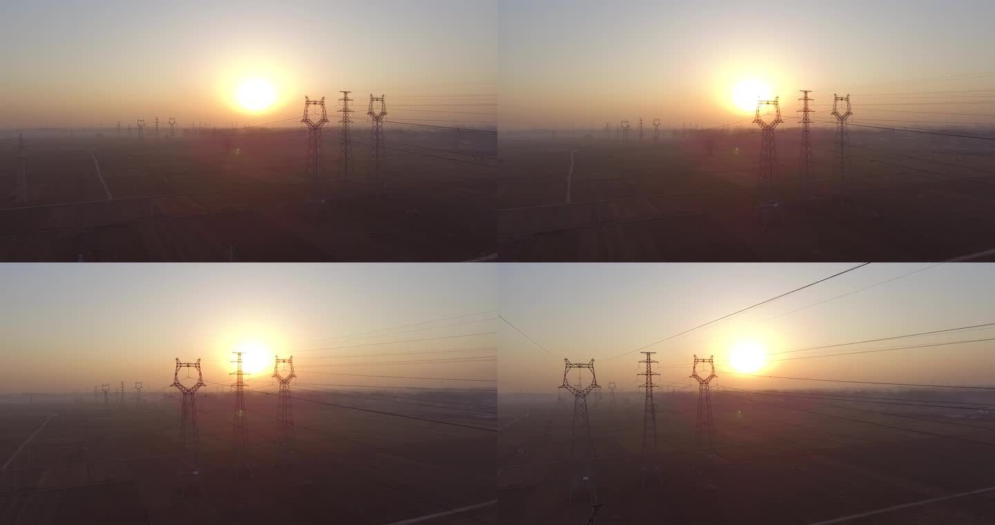乡村早晨电力塔航拍横移镜头航拍4K航拍5