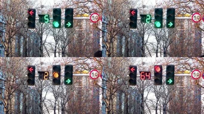 冬天的街道交通信号灯 红绿灯变换