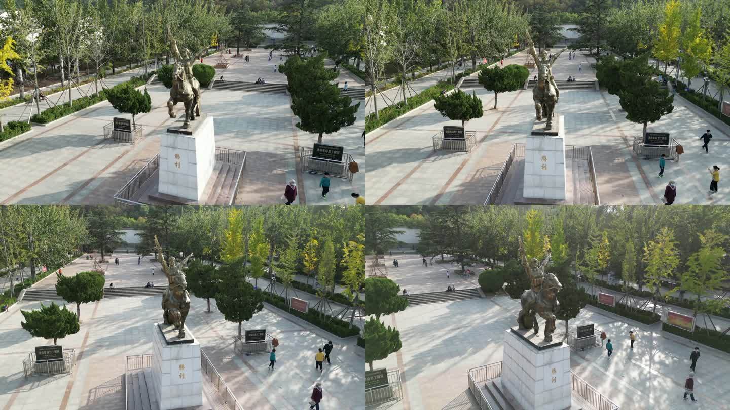 济南英雄山纪念碑骑马雕像航拍