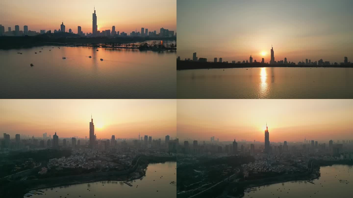 南京玄武湖紫峰大厦夕阳黄昏航拍4K素材