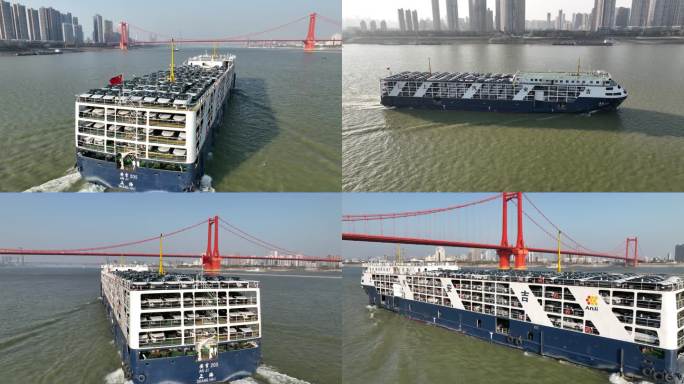 武汉长江上运送汽车的货轮经过鹦鹉洲大桥