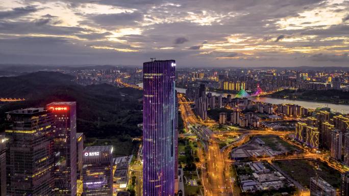 4K延时航拍南宁五象新区晚霞夜景