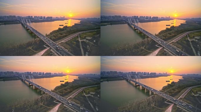蚌埠城市淮河大桥航拍夕阳天际线
