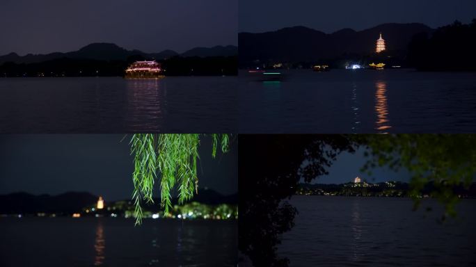 杭州西湖雷峰塔夜景水面倒影4K视频合集