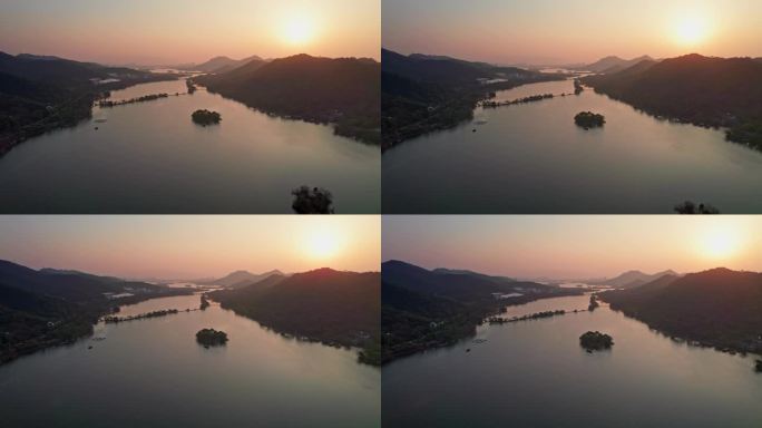 航拍杭州湘湖夕阳 大全景