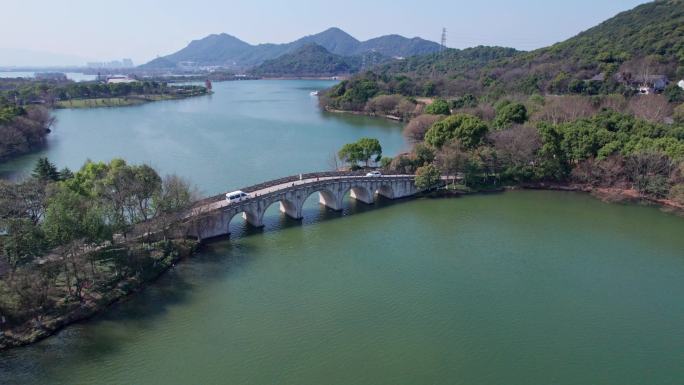 航拍杭州湘湖跨湖桥 大全景