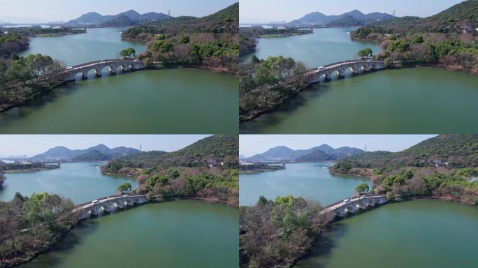 航拍杭州湘湖跨湖桥 大全景