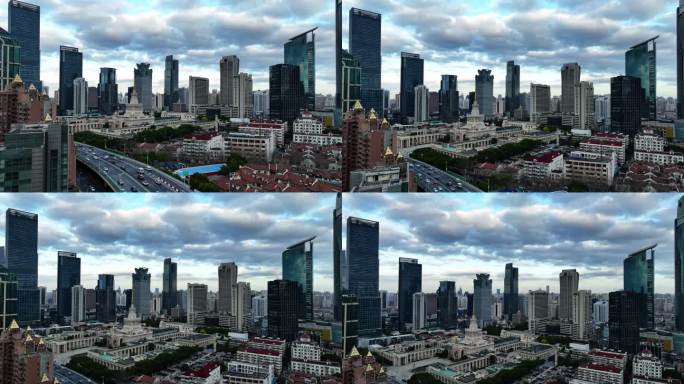 上海展览中心中苏友好大厦日出蓝天白云航拍
