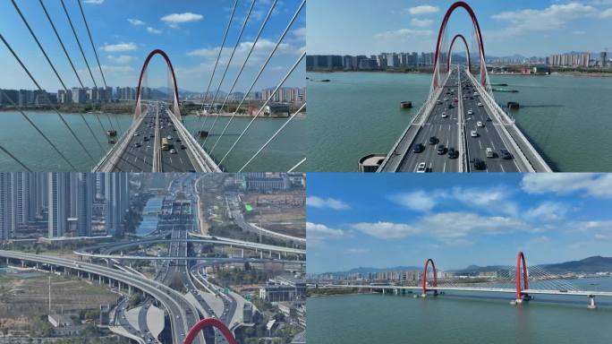杭州之江大桥航拍4k全景长焦镜头
