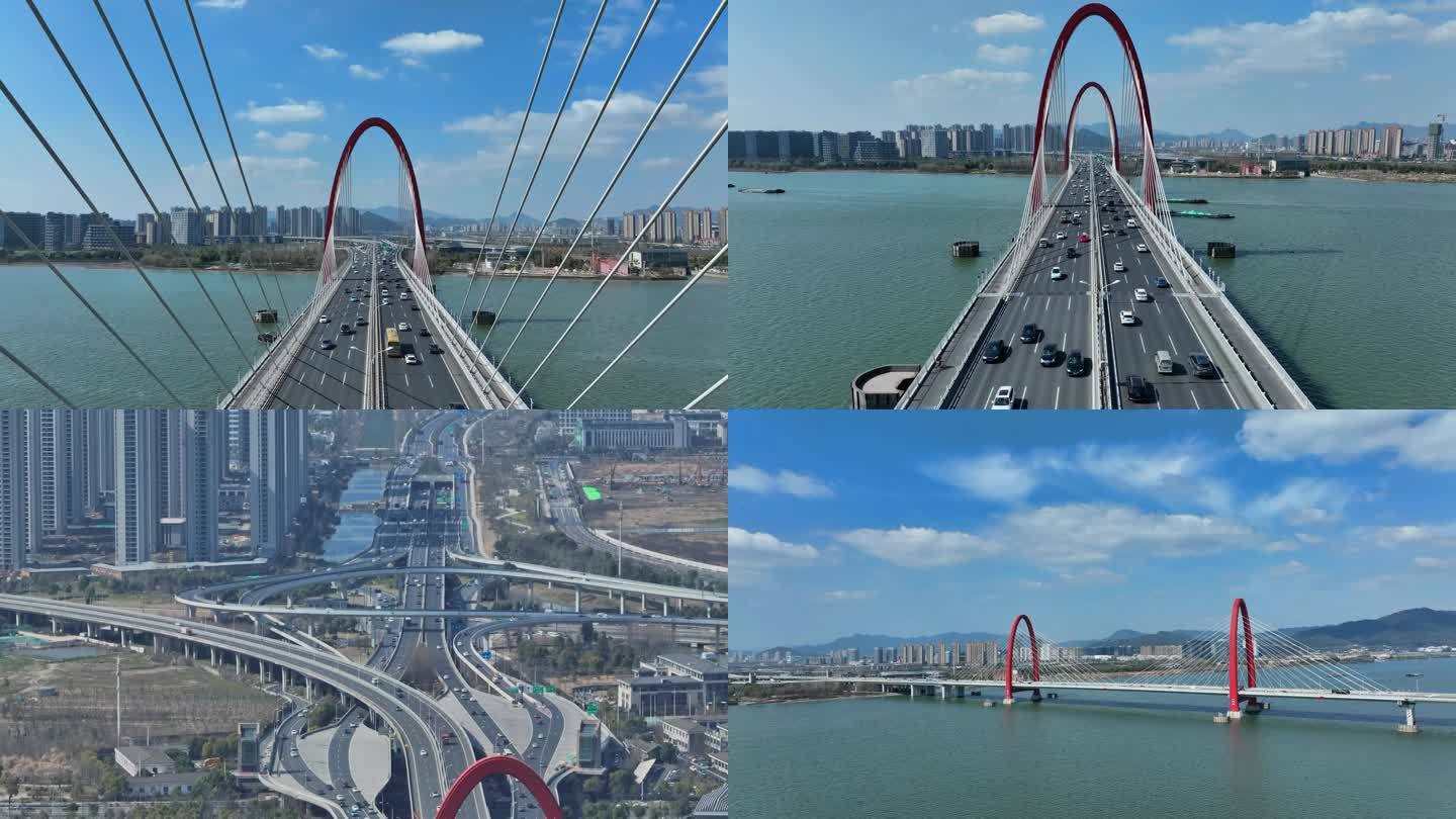 杭州之江大桥航拍4k全景长焦镜头