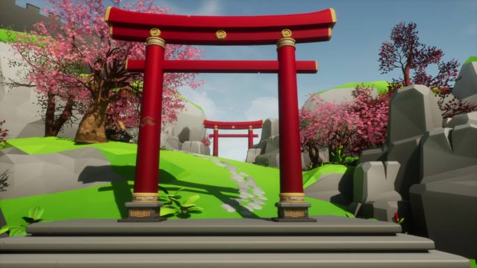 日本风格幻想世界游戏樱花山谷村落场景2
