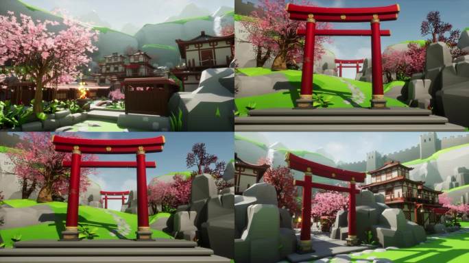 日本风格幻想世界游戏樱花山谷村落场景2