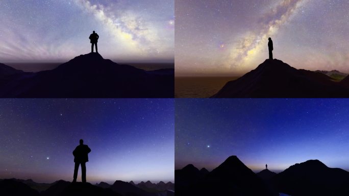 晚上站山顶遥望宇宙星空畅想未来的男人剪影
