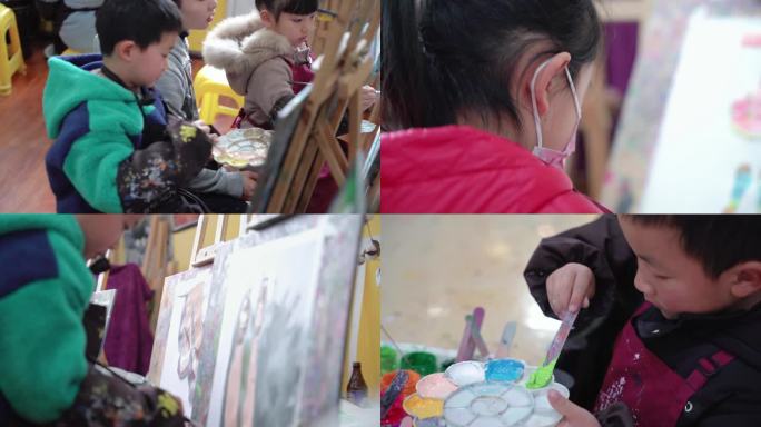 学校开学孩子们在美术课上画画