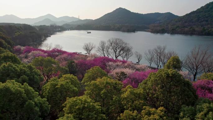 航拍杭州湘湖梅花游船