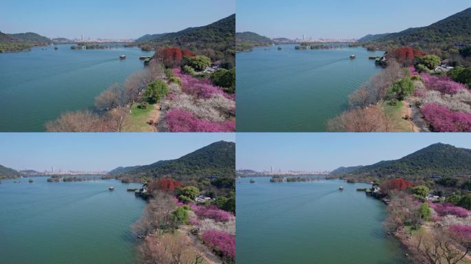 航拍杭州湘湖梅花游船美景