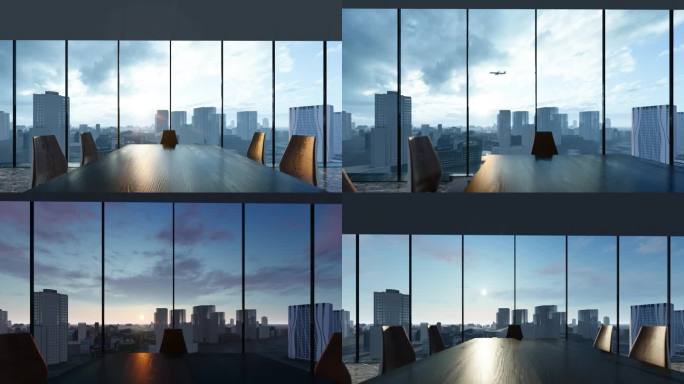 4k俯瞰城市落地窗会议桌空镜合集