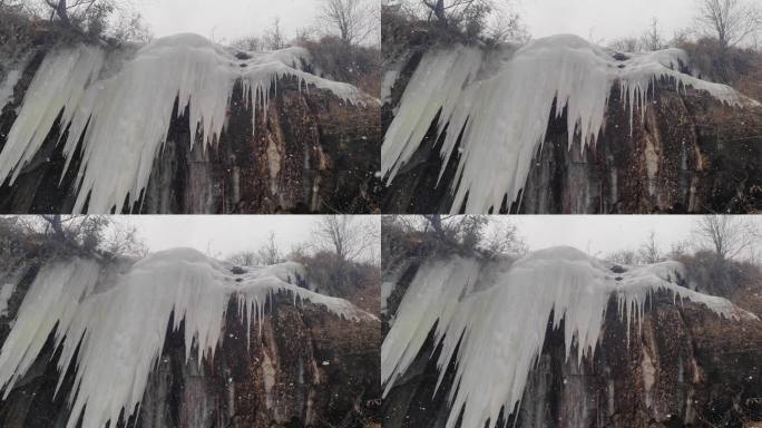 大雪纷飞的四川阿坝四姑娘山双桥沟景区冰瀑