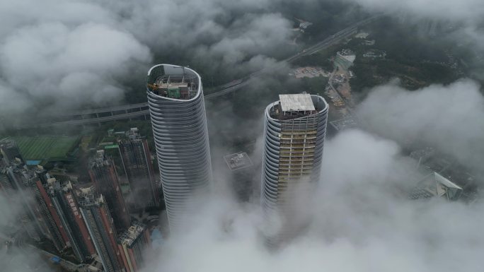 航拍深圳坂田地标深圳星河双子塔云海