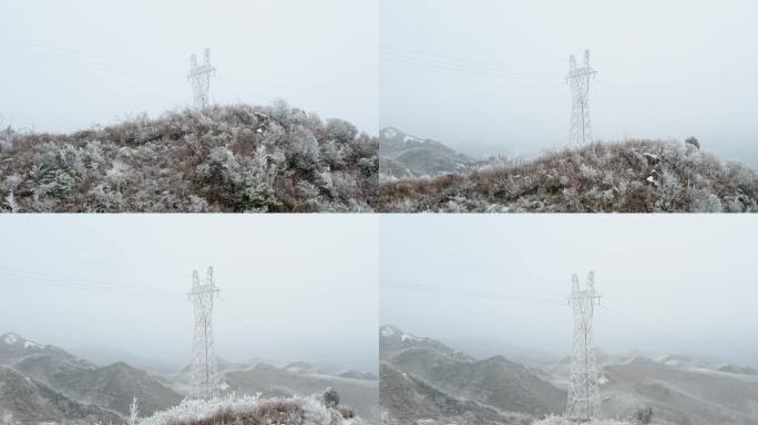 4K航拍 冰天雪地的电力塔