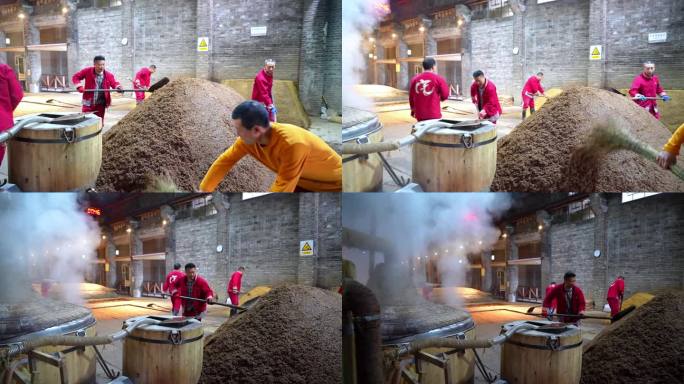 摇热情腾腾酒糟蒸馏酿酒工翻沙背景窖池