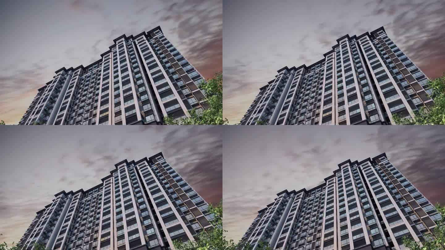 仰拍高层洋房建筑外景三维动画
