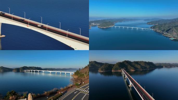 4k航拍千岛湖上江埠大桥自然风光
