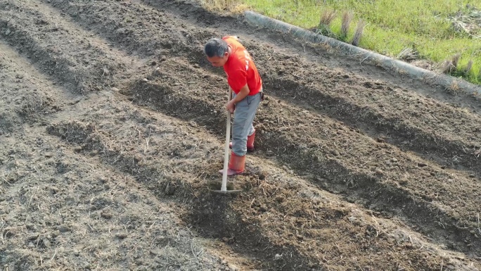 航拍农民平整土地种植庄稼