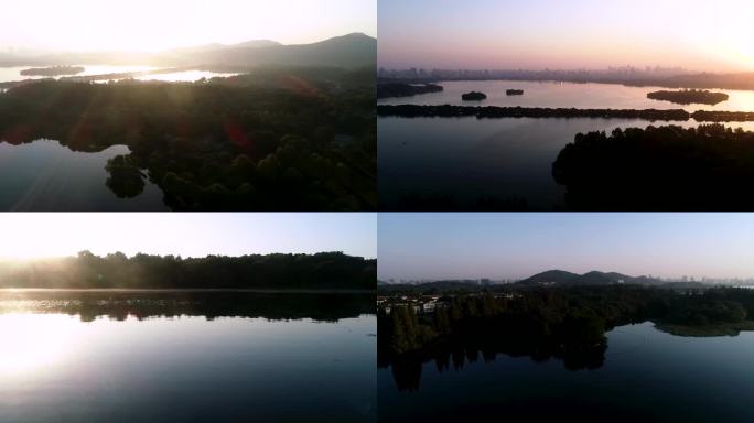 4K航拍杭州西湖早晨太阳照射湖面上视频