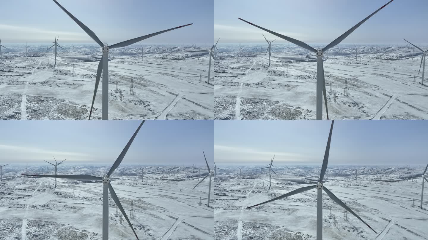 航拍雪景 风车 风力发电